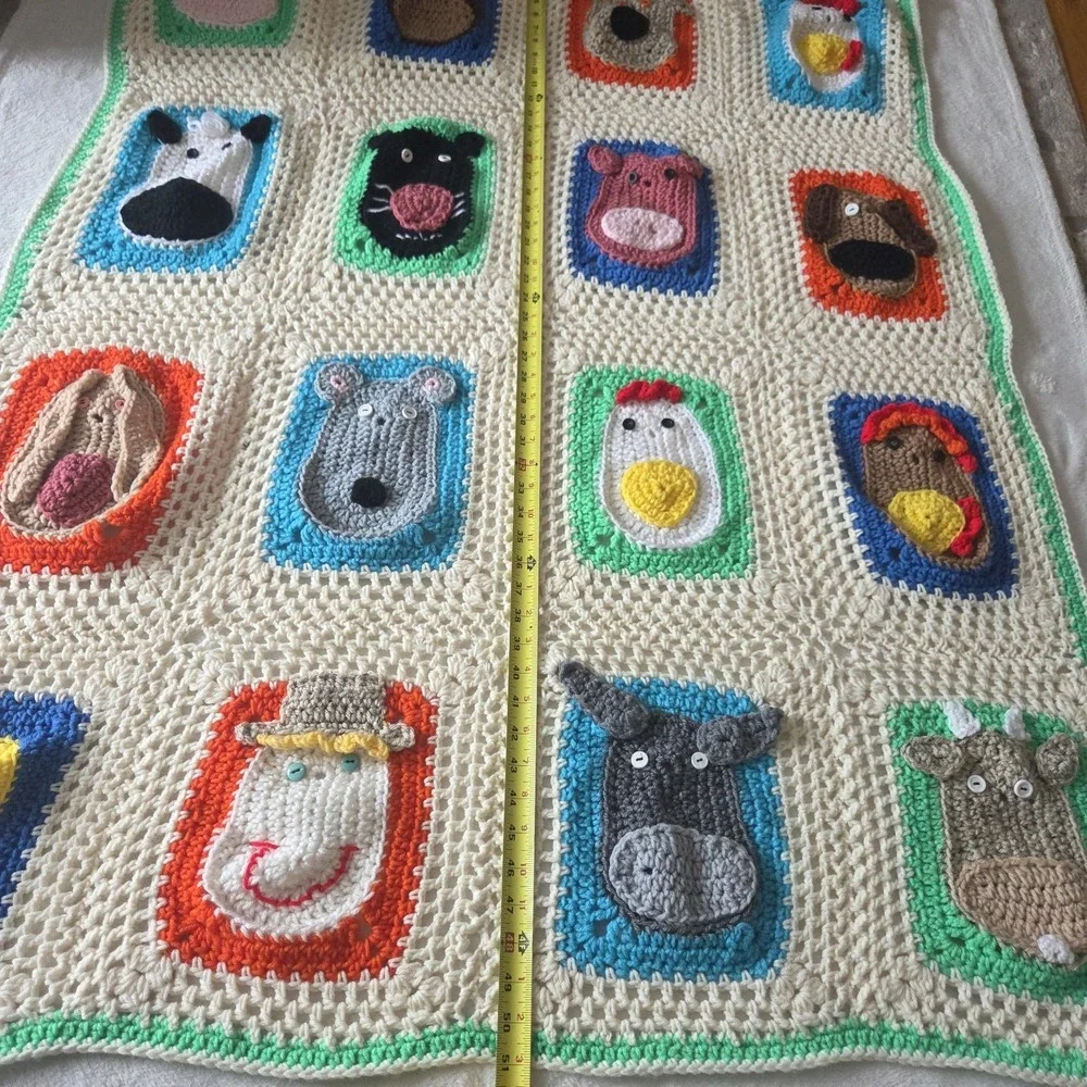 Granny‎ Square Crochet Aphgan Farm Zoo Animal 3D Baby Blanket Buttons